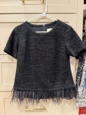 Deletta Black Sparkle Feather-Trim Top